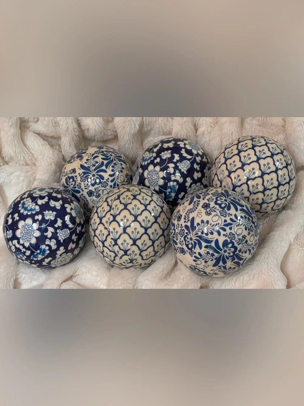 Blue & White Decorative Ceramic Spheres - Set of Patterned Orbs